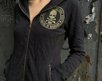 Y2K Gothic Skull Zip Hoodie, Slim Fit Harajuku Jacket, Embroidered Black Hooded Sweatshirt