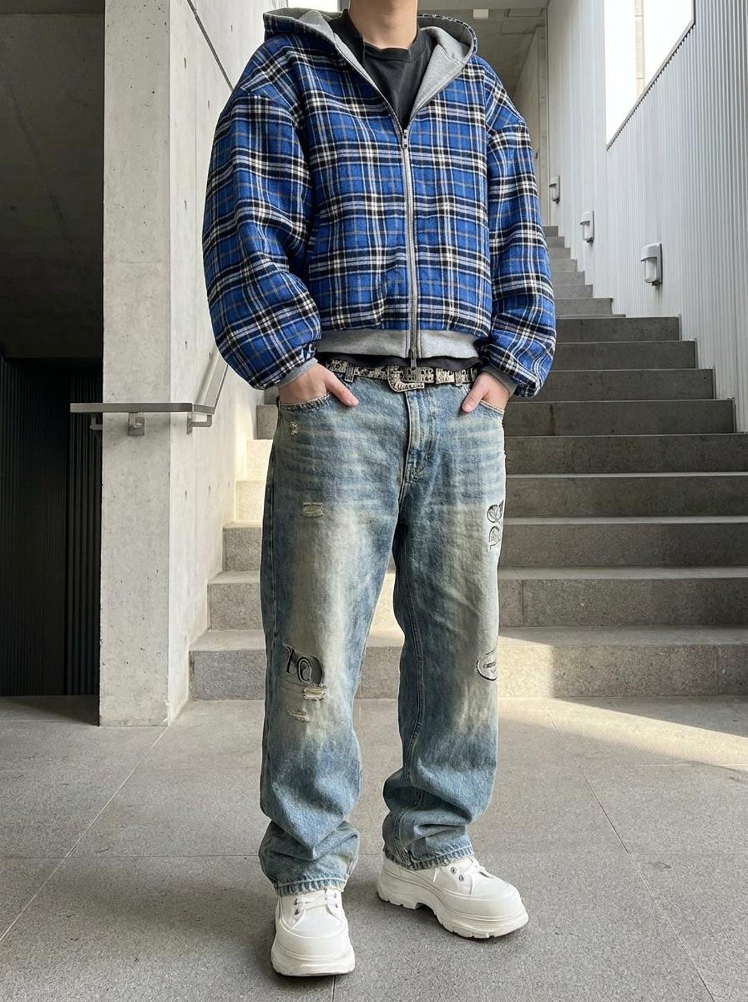 Reversible Oversized Plaid Zip up Hoodie Y2K Streetwear Jacket