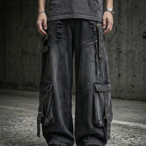Baggy Cargo Jeans, Black Distressed Wide-Leg Multi-Pocket Y2K Streetwear
