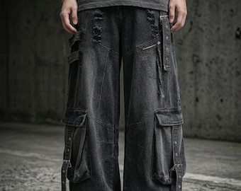Pantalones vaqueros cargo holgados, negros, desgastados, de pierna ancha, con múltiples bolsillos, estilo urbano Y2K.