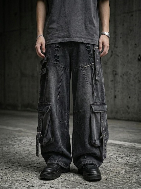 Buy Baggy Cargo Jeans, Black Distressed Wide-leg Multi-pocket Y2K
