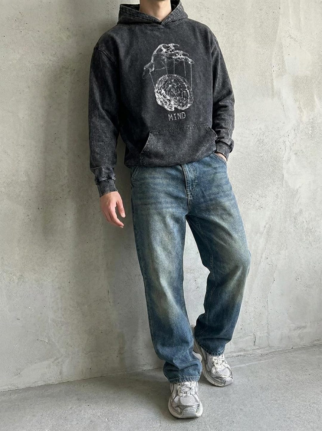 Vintage Acid Wash Black Graphic Hoodie Oversized Y2k Streetwear