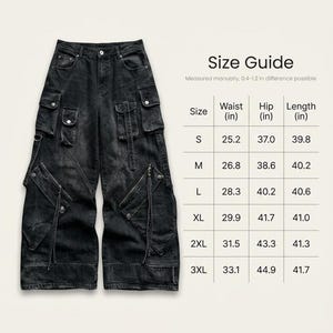 An image showing the black cargo jeans alongside a size guide table listing waist, hip, and length measurements for sizes S through 3XL.