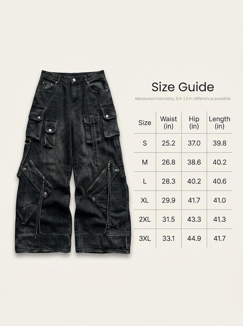 An image showing the black cargo jeans alongside a size guide table listing waist, hip, and length measurements for sizes S through 3XL.