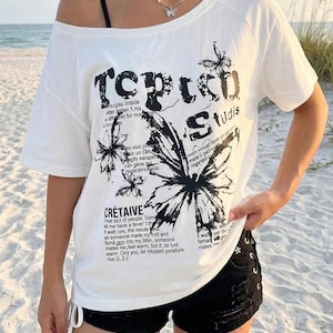 Off The Shoulder Butterfly Graphic Tee, 100% Cotton Y2K Oversized Fit