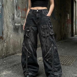 Gothic Cargo Jeans, Black Cotton And Acetate Wide Leg Y2K Streetwear