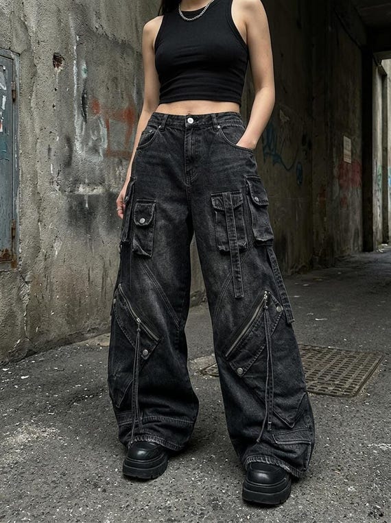 Gothic Cargo Jeans, Black Cotton And Acetate Wide Leg Y2K Streetwear