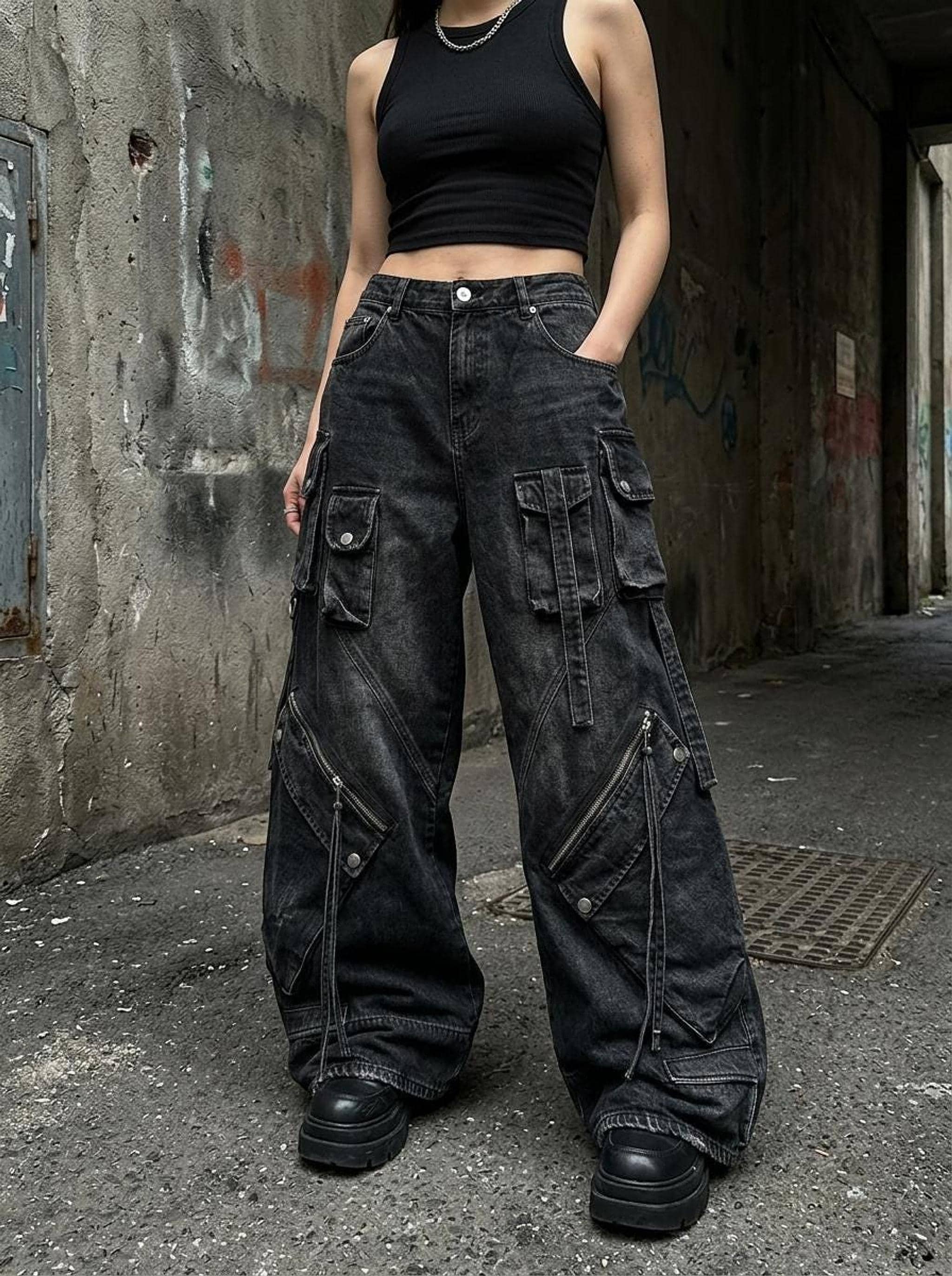 Gothic Cargo Jeans, Black Cotton And Acetate Wide Leg Y2K Streetwear