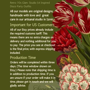 K&ouml;nnte beinhalten: Eine Grafik mit Text auf olivgr&uuml;nem Hintergrund und einem Blumenarrangement aus roten und wei&szlig;en Tulpen sowie Rhododendren auf der rechten Seite. Der Text lautet SEVENTIES MUSE presents Retro 70s Glam: Studio 54 Inspired Disco Party Outfits.