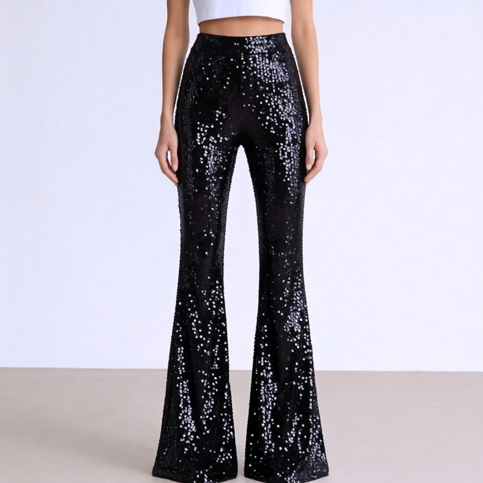 black sequin flare pants high waisted sequin pants