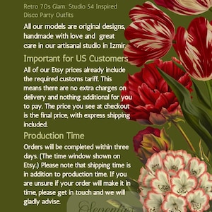 May include: A graphic featuring text on an olive green background with a cluster of red and white tulips and rhododendron flowers on the right side. The text reads SEVENTIES MUSE presents Retro 70s Glam: Studio 54 Inspired Disco Party Outfits.