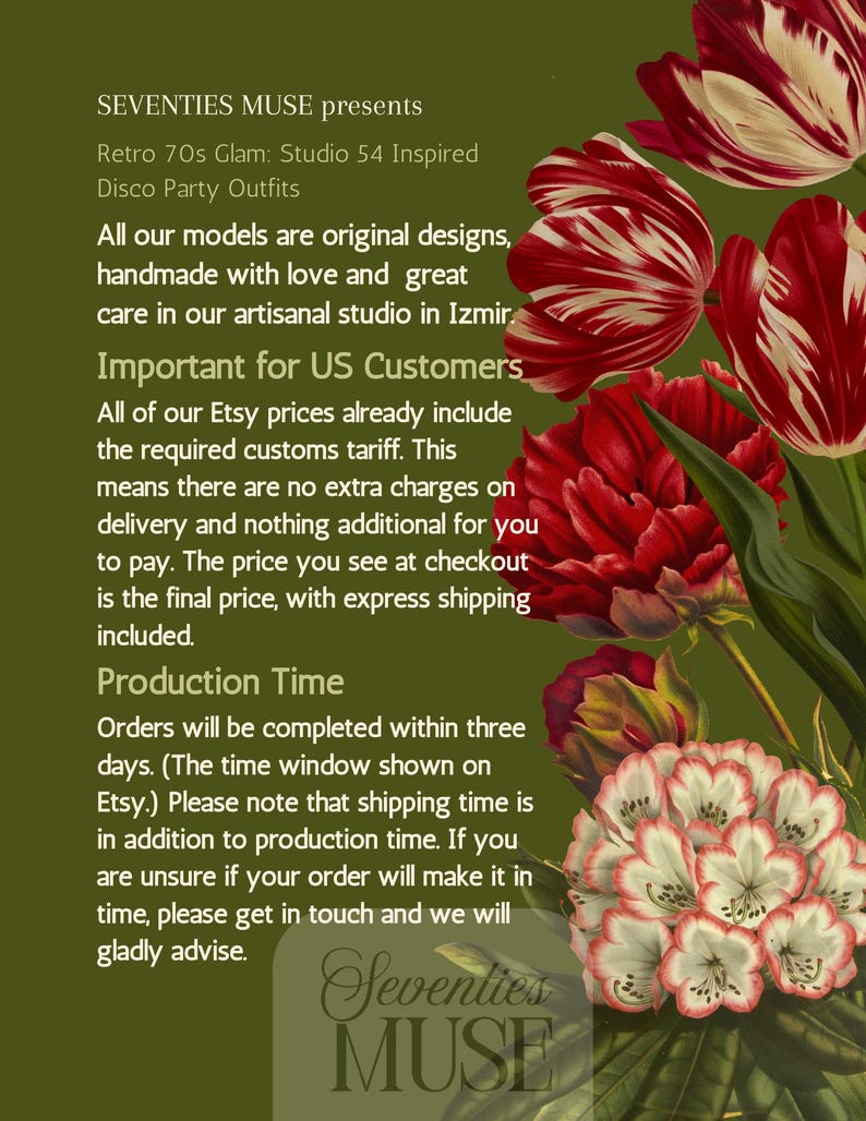 May include: A graphic featuring text on an olive green background with a cluster of red and white tulips and rhododendron flowers on the right side. The text reads SEVENTIES MUSE presents Retro 70s Glam: Studio 54 Inspired Disco Party Outfits.