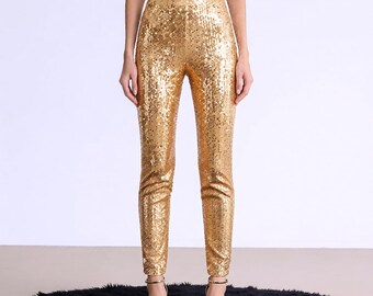 Gold Pailletten Skinny Hose, Meilenstein Geburtstag Outfit, Champagner Party Hose, Luxus Bühnenkleidung, Gold Bachelorette Team Look, Goldenes Jahr Glamour