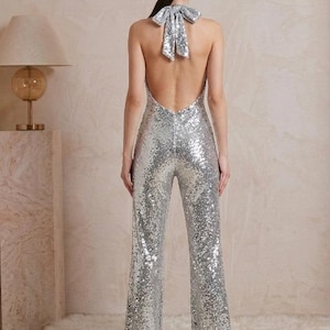 Silver Sequin Jumpsuit, Disco Ball Jumpsuit, Sparkly Festival Outfit, Glitter Halter Jumpsuit, Birthday Party Outfit, Sequin Flare Romper image 4