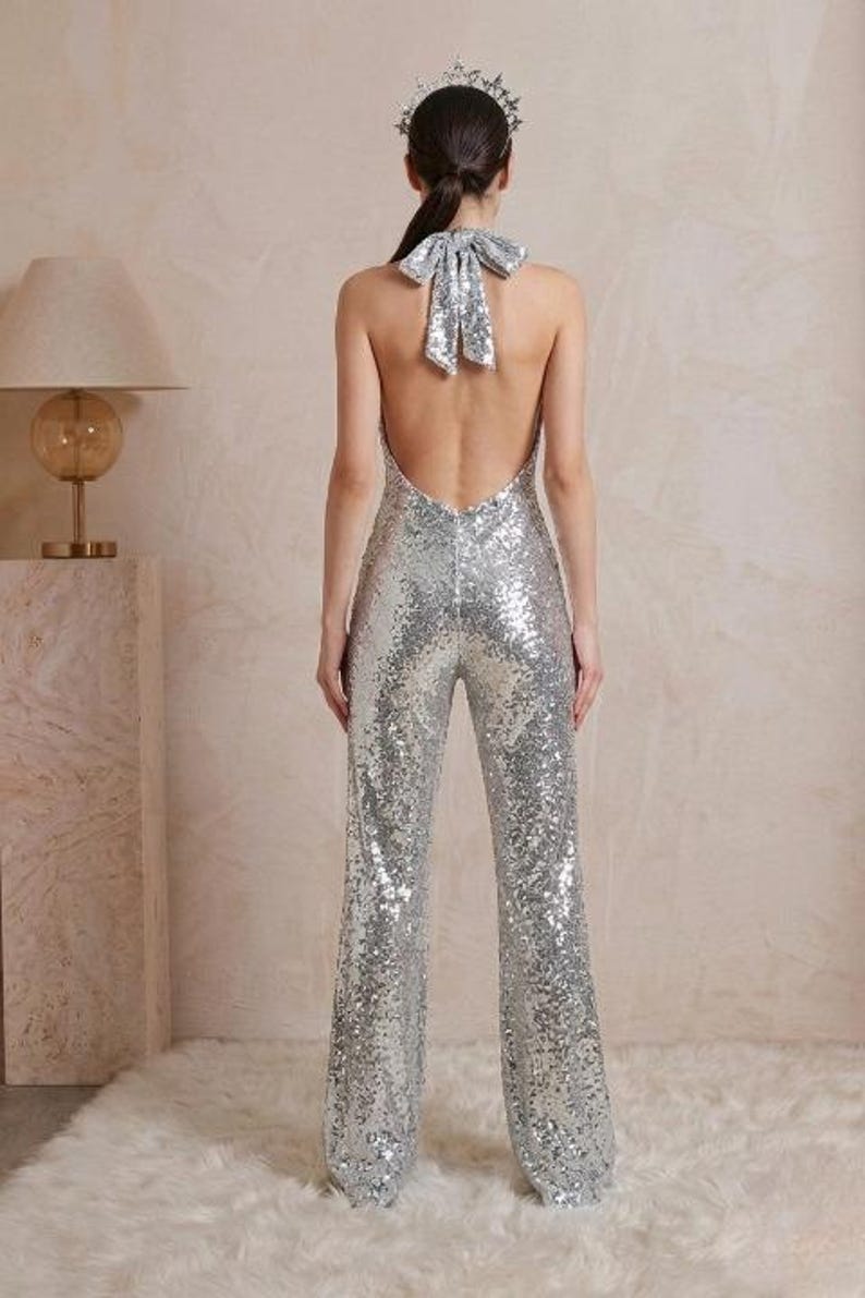Silver Sequin Jumpsuit, Disco Ball Jumpsuit, Sparkly Festival Outfit, Glitter Halter Jumpsuit, Birthday Party Outfit, Sequin Flare Romper image 4