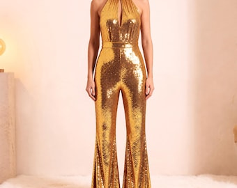 Gold Glitter Halter Jumpsuit, Wide Leg Sequin Romper, Birthday Party Outfit, Glamorous Evening One Piece, Shiny Gold Metallic Romper