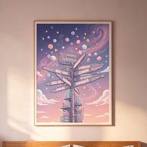Peut inclure: Une affiche encadrée représentant une illustration fantaisiste d'un poteau indicateur avec des flèches pointant vers des villes comme New York et Londres. L'arrière-plan est un ciel onirique avec des couleurs pastel et des formes géométriques flottantes.