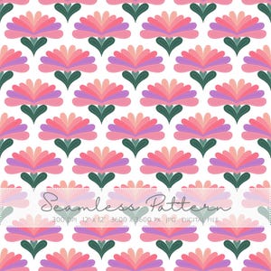 May include: A seamless pattern with a repeating floral design in pink, purple, and green on a white backdrop. The flowers have layered petals and are set against a dark green leaf-like base. The text "Seamless Pattern" is at the bottom.
