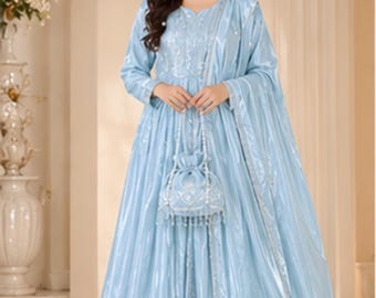 Elegante abito ricamato da invitata a nozze, vestito formale da sera e prom per lei, maxi abito pakistano in raso azzurro ghiaccio regalo da