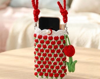Crochet Tulip Phone Bag, Multicolour Crossbody Mobile Pouch, Handmade Small Smartphone Purse, Flower Design Purse,Gift for Her