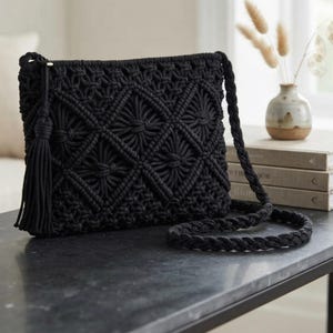 Boho Macrame Crossbody Bag for Women,Woven Cotton Summer Beach Purse with Tassel & Zipper Pocket, Bohemian Shoulder Handbag