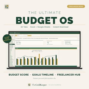 May include: A digital budget spreadsheet template titled The Ultimate Budget OS displayed on a laptop screen. The interface features a dashboard with financial data, bar charts, and line graphs in green and gold tones. Text includes 32 Tabs, Excel + Google Sheets, Instant Download, Budget Score, Goals Timeline, and Freelancer Hub.