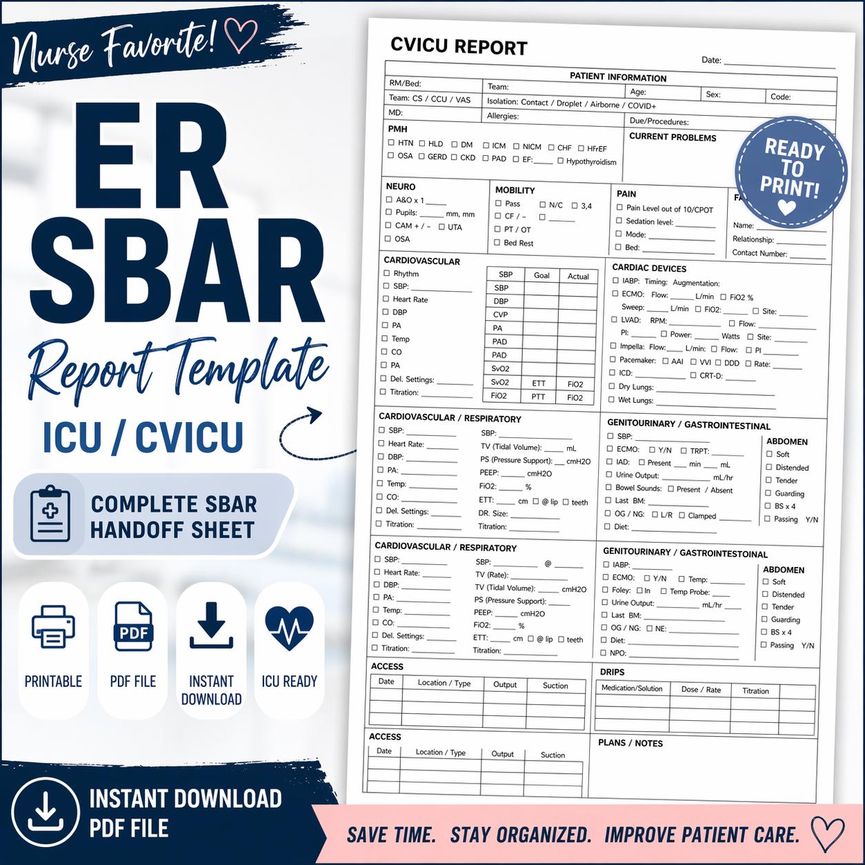 SBAR Nurse Report Template for Shift Handoff, Icu Er Nursing Sheet ...