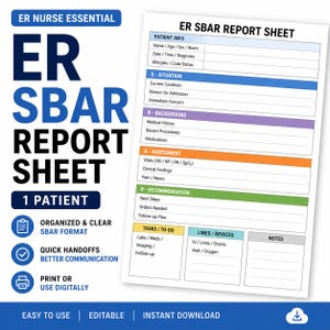 May include: A white ER SBAR report sheet with blue, purple, orange, and green sections. The sheet includes sections for patient information, situation, background, assessment, recommendation, tasks, lines, and notes. Text on the sheet includes "ER Nurse Essential" and "Instant Download."