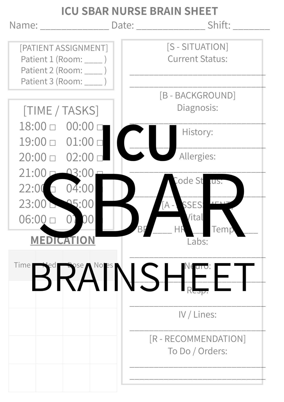 Icu Sbar Example ICU SBAR Nurse Brain Sheet Printable, Critical Care Report Sheet ...