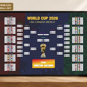 May include: A framed digital print of the World Cup 2026 bracket, hosted by USA, Canada, and Mexico. The design includes team flags, a gold trophy, and the text "WORLD CUP 2026 USA CANADA MEXICO". The print is displayed on a wooden surface.