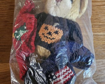 Vintage Plush Teddy Bear Wearing Knit Sweaters, Flag, Fall Halloween Pumpkin & Christmas Holiday Outfit, Collectible Stuffed Bear Decor