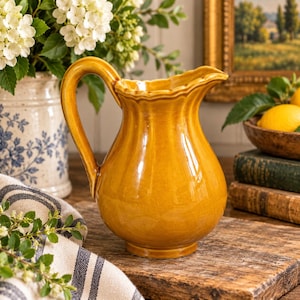 May include: A glossy mustard yellow ceramic pitcher with a rounded body, a curved handle, and a scalloped rim. The surface features a subtle crackle glaze finish, and the pitcher is positioned on a wooden surface with a striped fabric nearby.