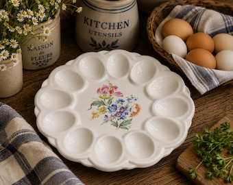 Piatto per uova ripiene vintage E&R American Artware / Piatto per uova in ceramica con decorazioni floreali / Vassoio da portata di metà secolo / Brunch di Pasqua / Stile rustico