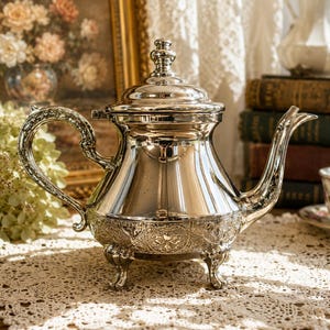 Puede incluir: Una tetera de plata pulida con un asa curva, un pico largo y una tapa con remate. La base de la tetera está decorada con un patrón floral en relieve y se apoya sobre cuatro patas pequeñas y ornamentadas que reflejan la luz ambiental.