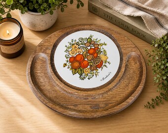 Bandeja de servir vintage de madera y cerámica / Barbara Fruit Floral de los años 70 / Decoración de cocina retro