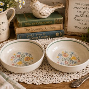 Vintage Lenox Temper-Ware Quakertown Bowls Set of 2 | 1970s Floral Stoneware Fruit Dessert Bowls | Retro Cottagecore USA Dinnerware