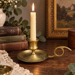 May include: A brass chamberstick candle holder with a circular base, a central socket, and a side handle featuring a finger loop. A single off-white taper candle is inserted into the socket, with a lit flame at the top, casting a warm glow.