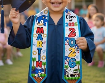 Kids Sonic Graduation Stola 2026, Geschwindigkeits-Thema, Vorschule, graduierter Schärpe, personalisierte Name Kindergarten Stola, Spielfigur Party Design