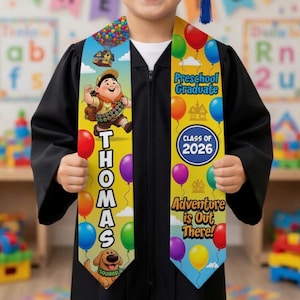 Estola de graduación de Disney Adventure, banda infantil con temática de la película Up, promoción de 2026, atuendo de graduación preescolar, regalo personalizado para jardín de infantes