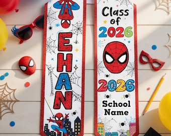 Spiderman Kinder-Abschluss-Stola, Vorschulklasse von 2026 Schärpe, Superheld-Kindergarten-Abschluss-Outfit, individuelles Schulnamengeschenk