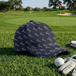 Puede incluir: Gorra de béisbol azul marino con el nombre "Brian" repetido en blanco. La gorra está en un campo de golf, junto a una pelota y un guante de golf.