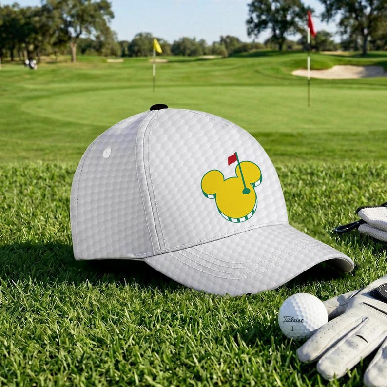May include: White golf cap with a textured pattern and a yellow and green graphic of a golf flag and Mickey Mouse ears. A golf ball and glove are visible on the green grass.