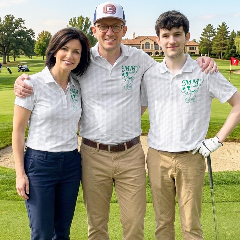 K&ouml;nnte beinhalten: Drei Personen auf einem Golfplatz tragen passende wei&szlig;e Poloshirts mit einem gr&uuml;nen Mickey Mouse-Motiv und dem Text "MM 1928". Die Hemden haben ein dezentes Muster. Eine Person tr&auml;gt eine Baseballkappe.