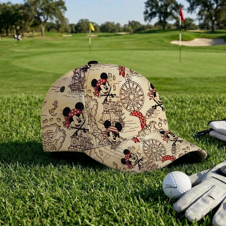 May include: Tan baseball cap featuring a pirate-themed design with Mickey Mouse illustrations, ships, compasses, and anchors. The cap is on a golf course, next to a golf ball and glove.
