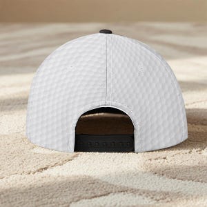 May include: White baseball cap with a textured surface, resembling a golf ball. The cap has a black adjustable snapback closure and a small black button on top. The hat is designed to be worn with the brim facing forward.