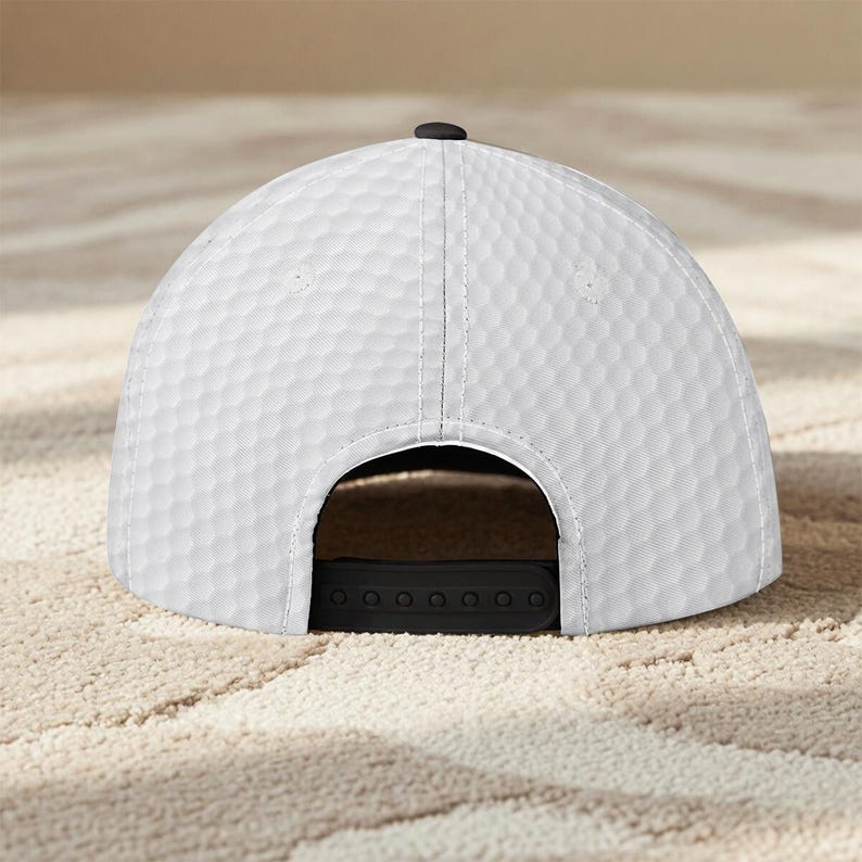 May include: White baseball cap with a textured surface, resembling a golf ball. The cap has a black adjustable snapback closure and a small black button on top. The hat is designed to be worn with the brim facing forward.