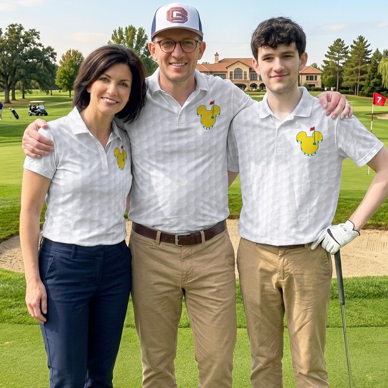 May include: Three people pose on a golf course, wearing matching white polo shirts with a yellow cartoon character design. The shirts have a subtle geometric pattern. One person wears a baseball cap with a logo. The background includes a golf course and a building.