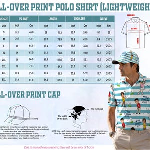 May include: Lightweight polo shirt and cap with an all-over print. The shirt features a golf-themed design with a striped pattern. The image includes a size chart with measurements in inches and centimeters for the shirt.