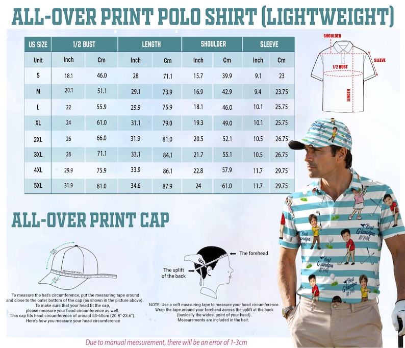 May include: Lightweight polo shirt and cap with an all-over print. The shirt features a golf-themed design with a striped pattern. The image includes a size chart with measurements in inches and centimeters for the shirt.