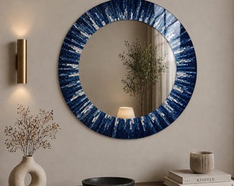 Blue Mosaic Round Mirror Wall Art, Modern Glass Frame Decor, Coastal Bathroom Accent, UV PrintUV Printed Art